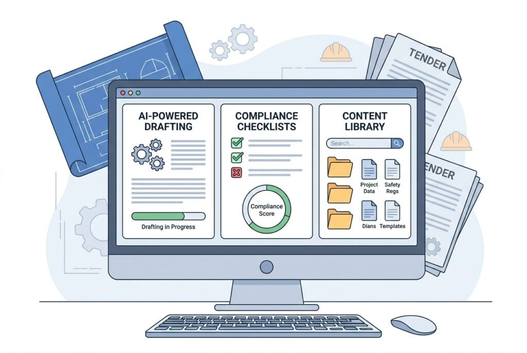 A professional digital workspace featuring an AI proposal writing dashboard on a widescreen monitor, displaying automated tender drafting tools, a compliance checklist panel, and a smart content library, with construction blueprints visible in the background.