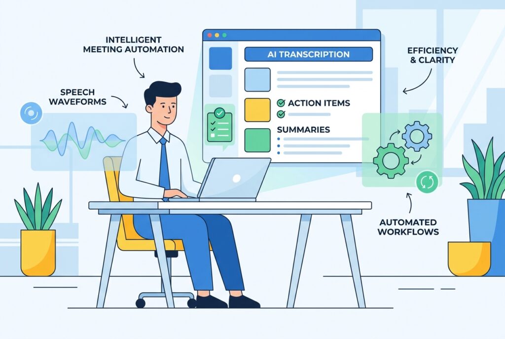 A professional at a laptop viewing an AI meeting transcription dashboard that displays automated notes, summarised key points, and assigned action items generated from a live meeting recording.