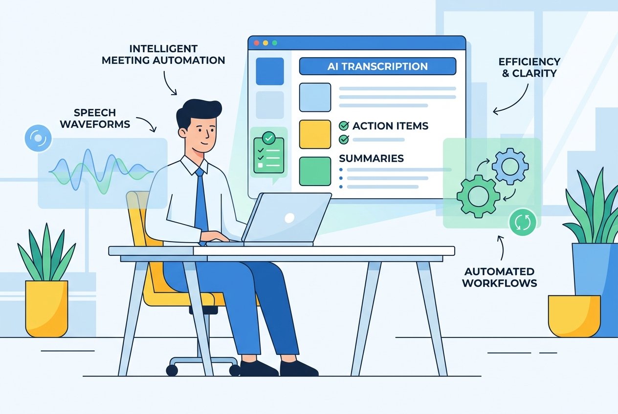 A professional at a laptop viewing an AI meeting transcription dashboard that displays automated notes, summarised key points, and assigned action items generated from a live meeting recording.