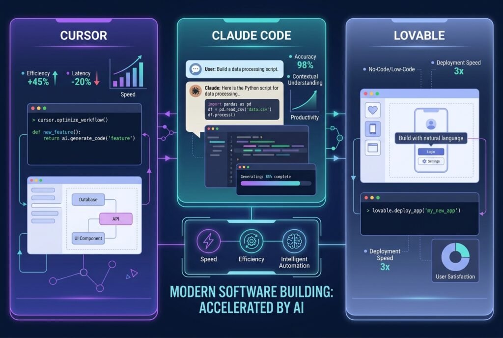 A futuristic split-screen digital dashboard showing three glowing AI coding tool interfaces side by side — a VS Code-style editor representing Cursor on the left, a terminal window representing Claude Code in the centre, and a visual no-code app builder representing Lovable on the right, set against a dark blue background with neon purple and teal accents and floating productivity metrics.