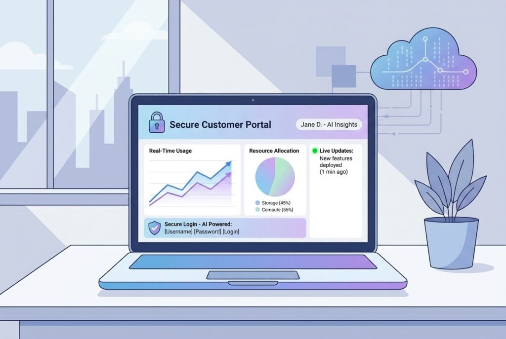 A laptop displaying a modern custom client dashboard with real-time data charts, secure login interface, and live update indicators built using AI and Supabase technology.