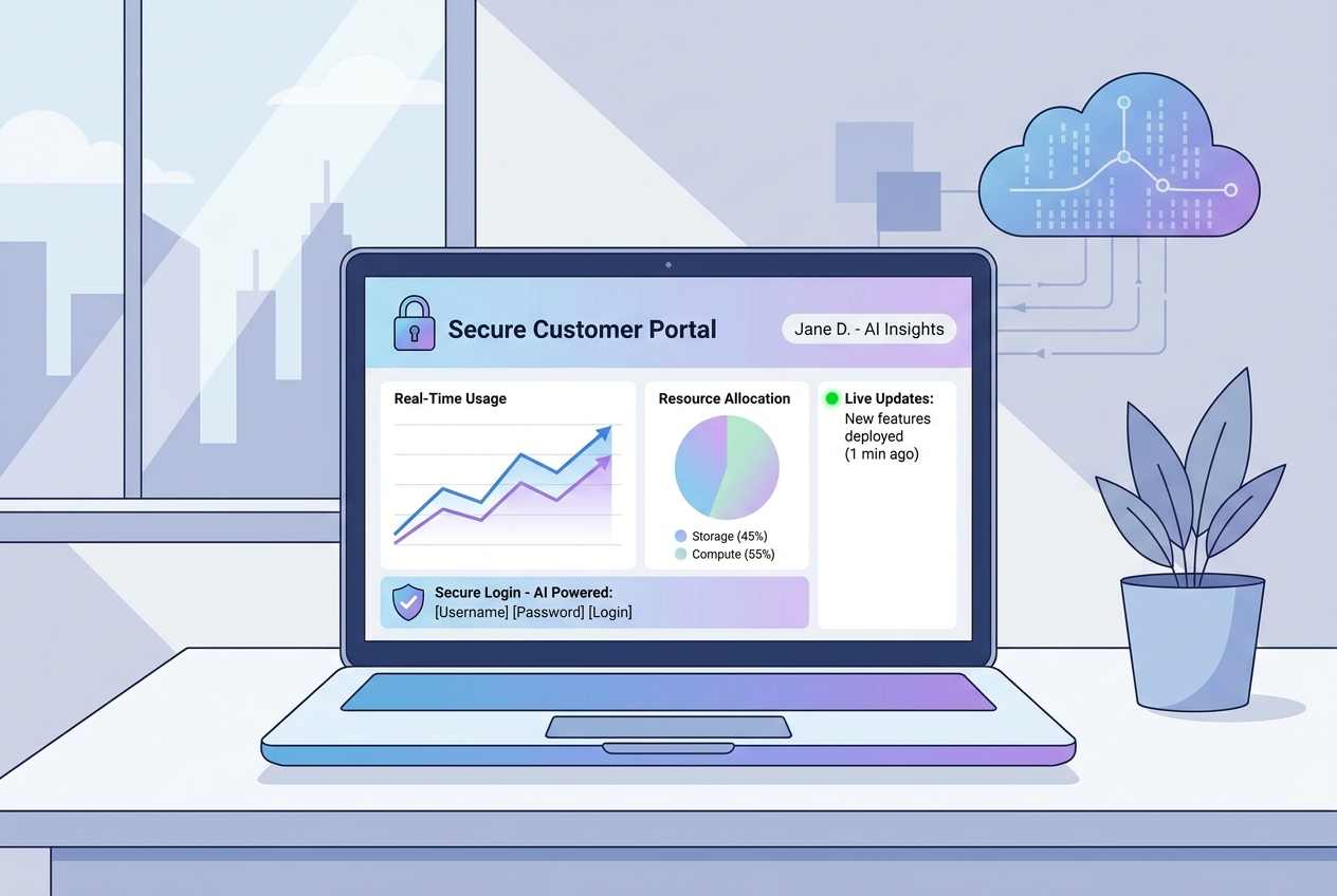 A laptop displaying a modern custom client dashboard with real-time data charts, secure login interface, and live update indicators built using AI and Supabase technology.