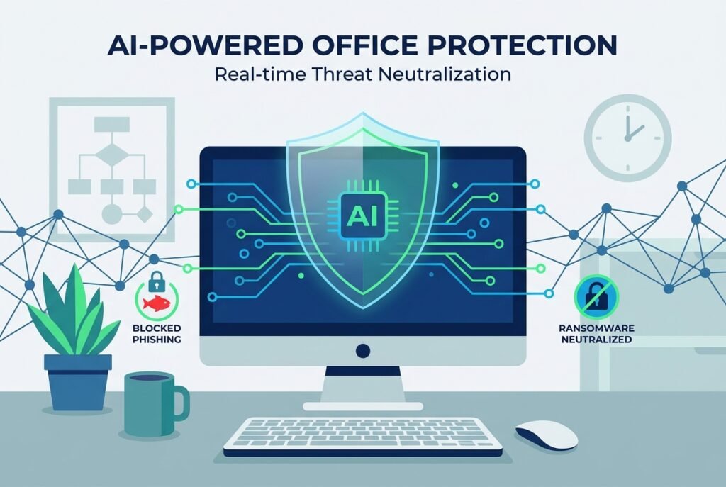 A glowing blue digital shield protecting a small business workstation, surrounded by AI-generated data streams and network nodes visualising real-time threat detection and blocked cyberattacks.