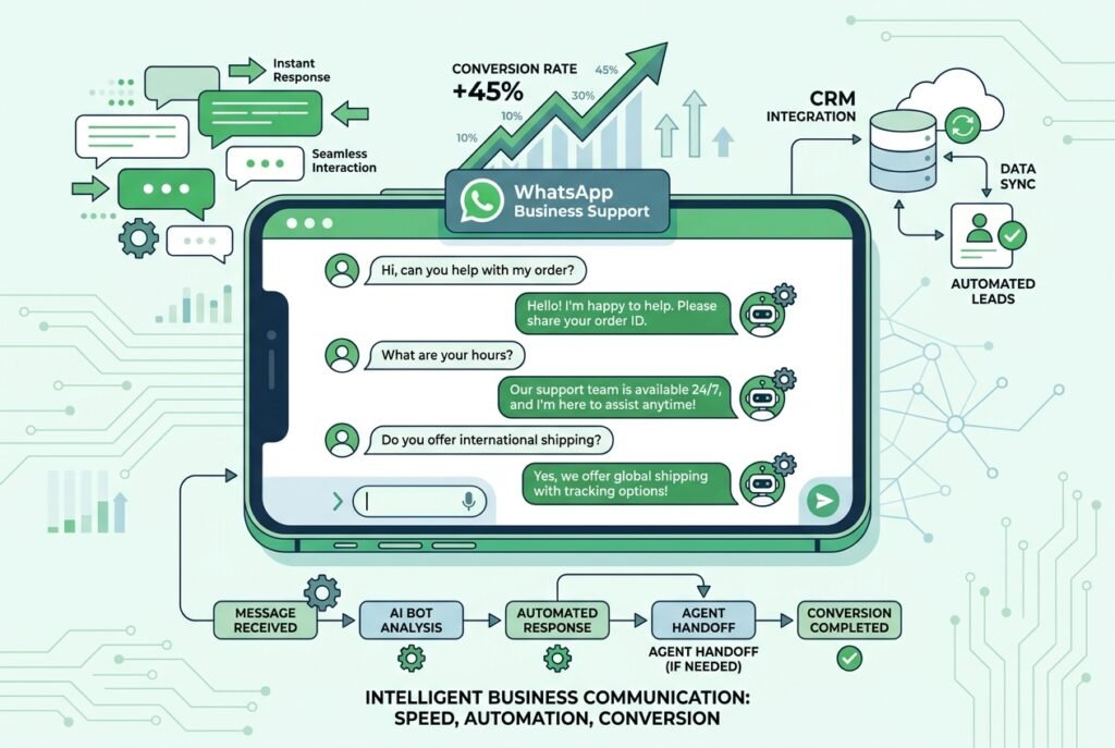 A smartphone screen showing a WhatsApp Business AI chatbot conversation with automated reply bubbles, surrounded by floating icons representing CRM integration, lead qualification, and a rising conversion rate graph on a green and white digital background.