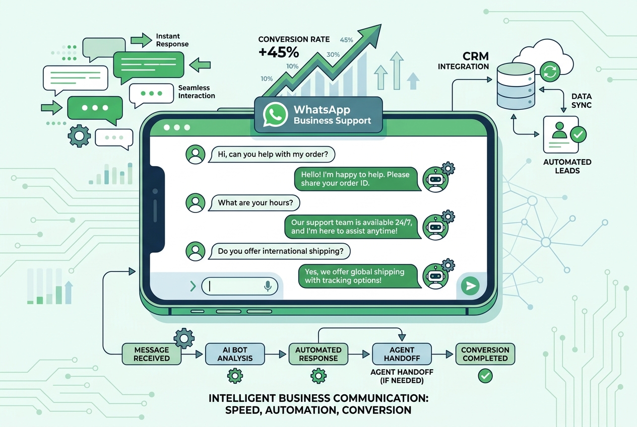 A smartphone screen showing a WhatsApp Business AI chatbot conversation with automated reply bubbles, surrounded by floating icons representing CRM integration, lead qualification, and a rising conversion rate graph on a green and white digital background.