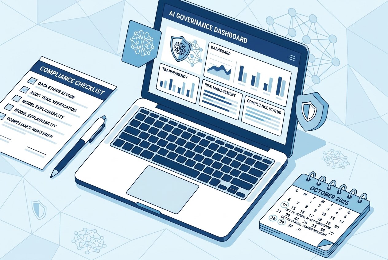A modern office desk featuring a laptop showing an AI compliance dashboard, a printed checklist with regulatory steps, and a calendar highlighting a 2026 deadline, representing business preparation for AI governance.