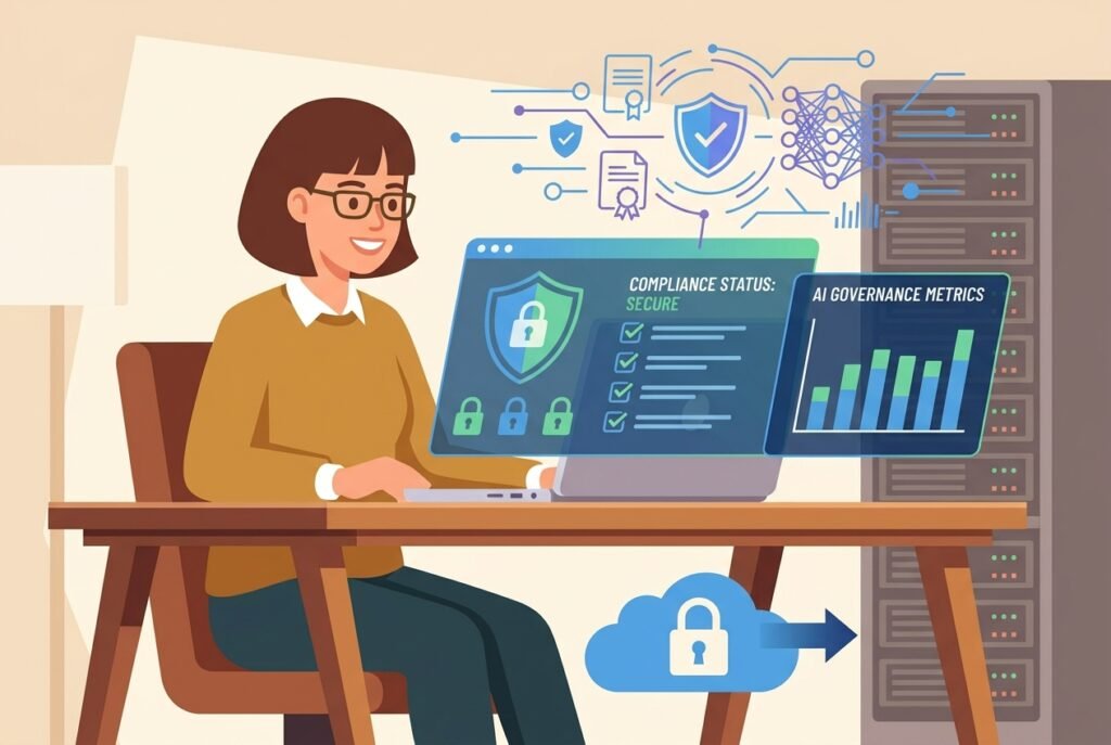 A small business owner sitting at a desk reviewing an AI compliance dashboard on a laptop, surrounded by floating digital icons including padlocks, shield symbols, and checklist graphics representing GDPR data protection obligations.