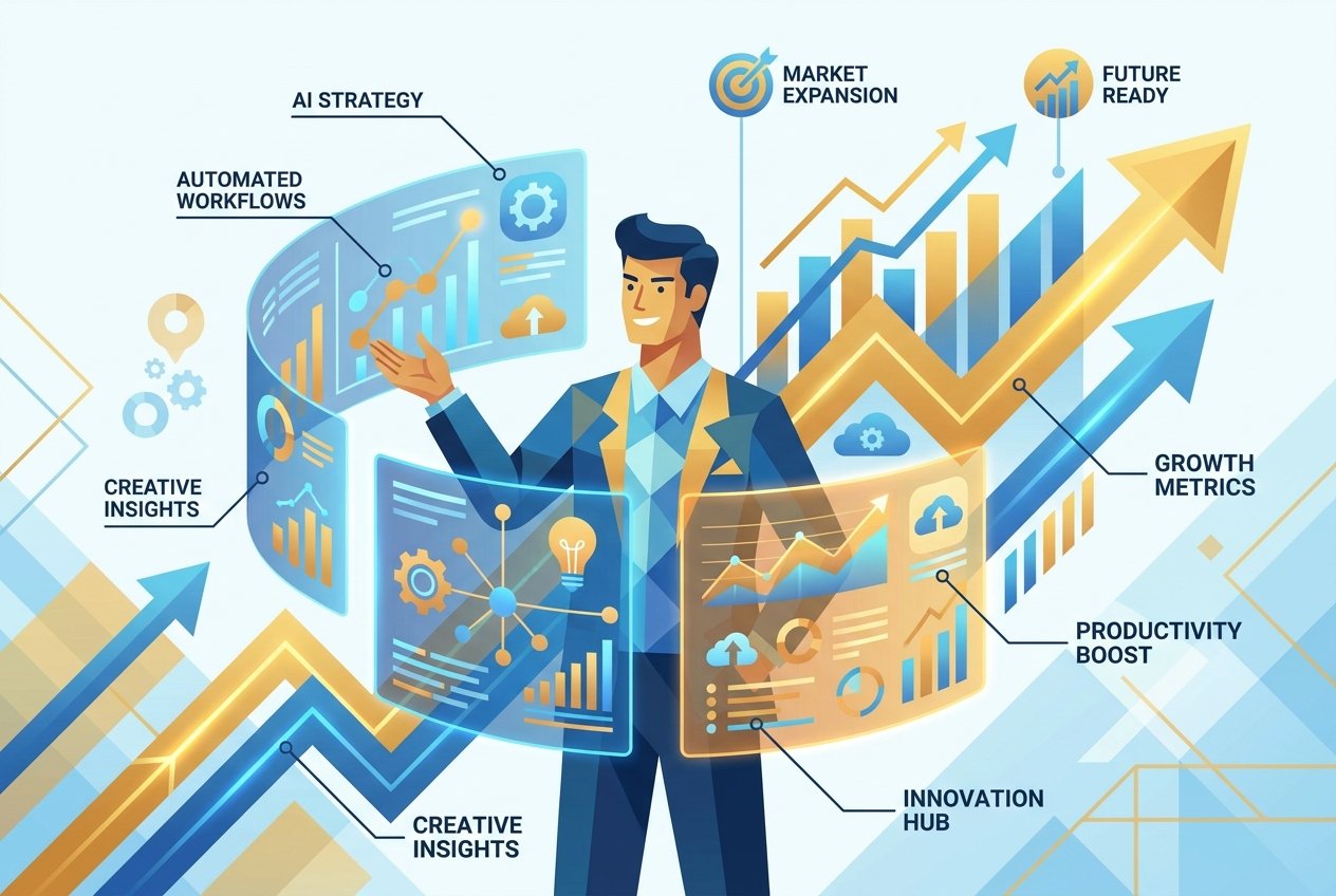 A professional worker surrounded by glowing AI-powered digital dashboards and floating workflow charts, representing human-AI collaboration and amplified workplace productivity.