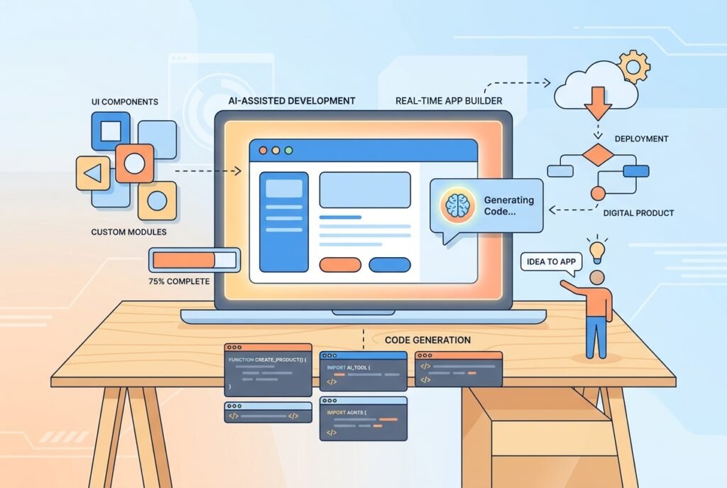 A laptop displaying an AI-powered app development interface with floating UI components, code snippets, and a clean dashboard design, set against a modern futuristic workspace background.