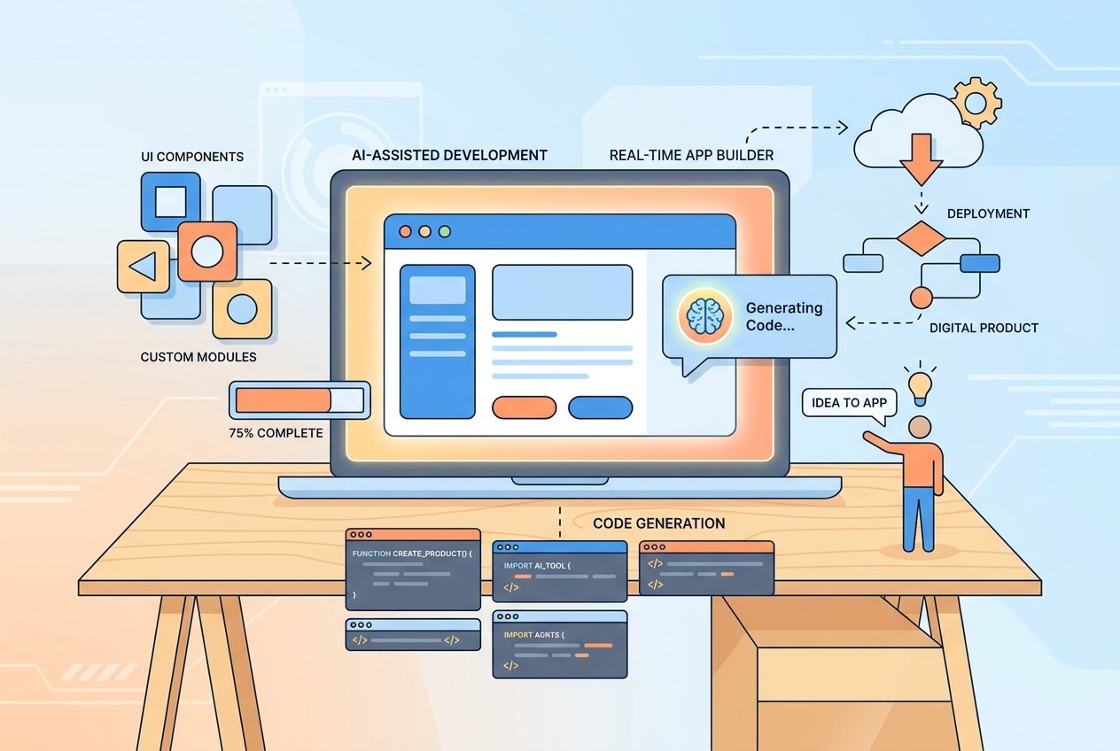 A laptop displaying an AI-powered app development interface with floating UI components, code snippets, and a clean dashboard design, set against a modern futuristic workspace background.