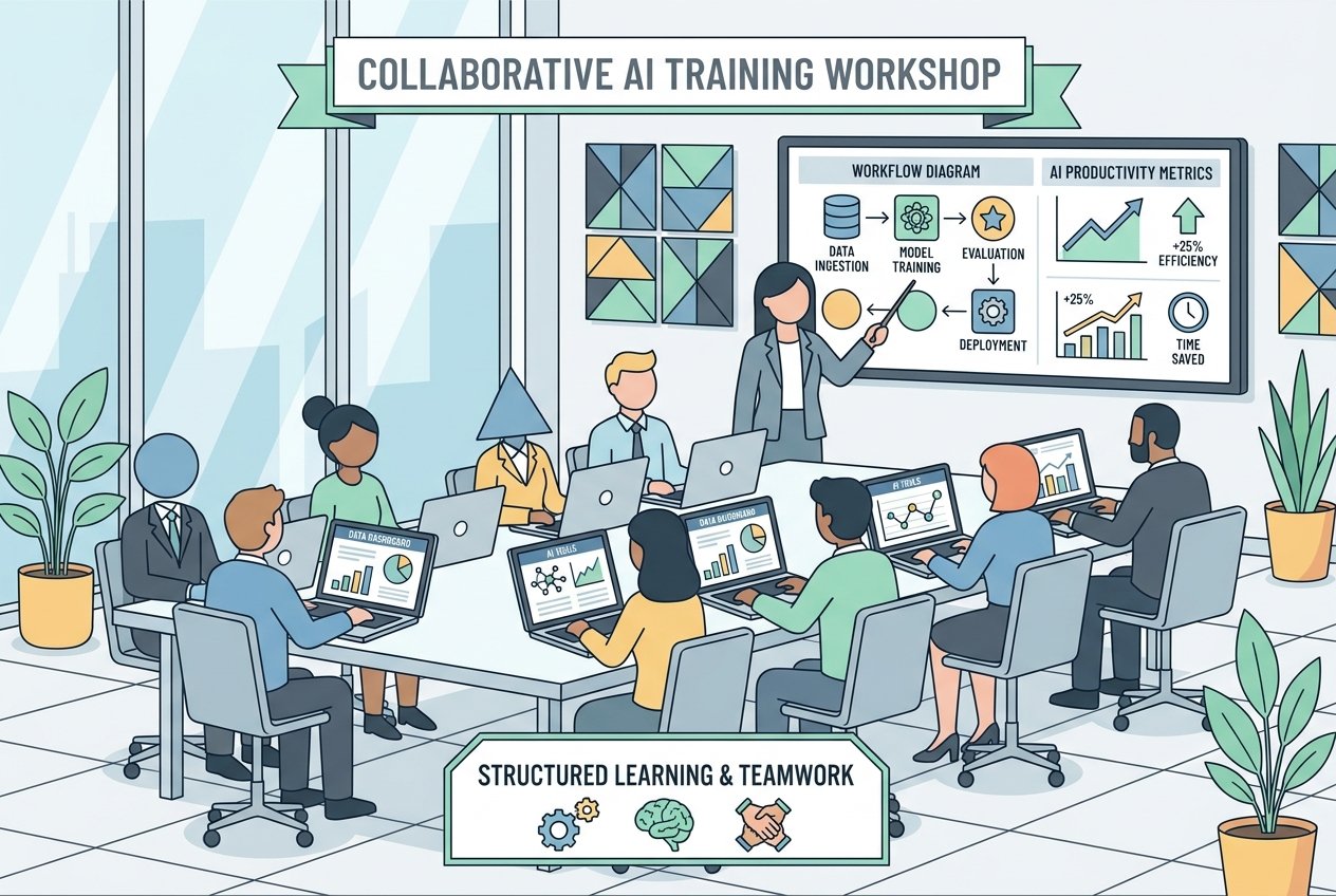 A diverse team of office professionals sitting around a conference table with laptops open, participating in an AI training workshop led by a presenter pointing to a screen displaying workflow charts and productivity data.