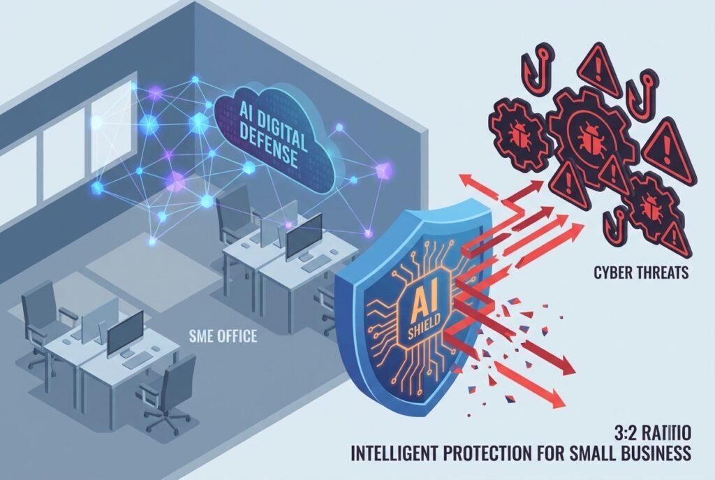 A digital illustration showing a small business office protected by a glowing AI-powered blue shield, surrounded by red cyber threat symbols including phishing hooks, malware icons, and warning alerts on a dark network-patterned background.