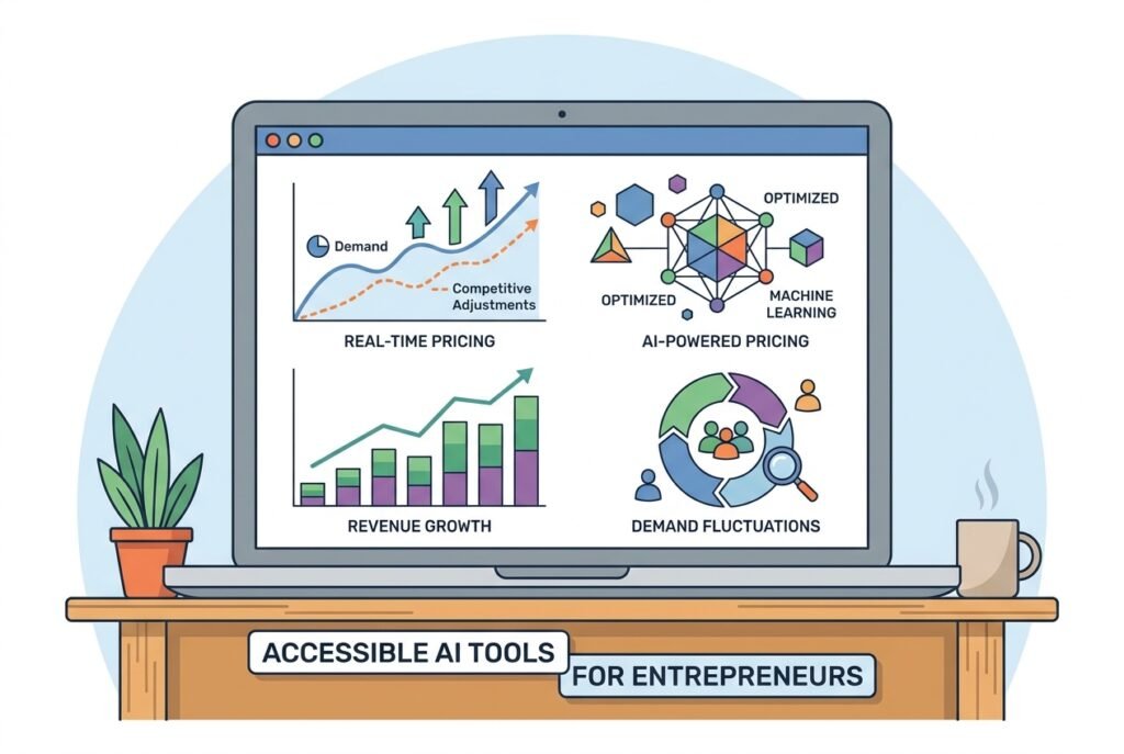 A laptop screen displaying an AI-powered dynamic pricing dashboard with real-time revenue growth charts, demand trend graphs, and machine learning analytics icons, set on a small business office desk.