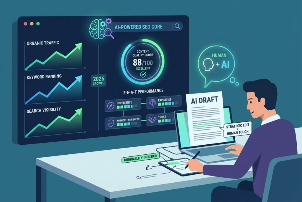 A marketing professional reviewing AI-generated content on a laptop beside a glowing SEO dashboard displaying rising search rankings, content quality scores, and E-E-A-T metrics on a dark digital interface.