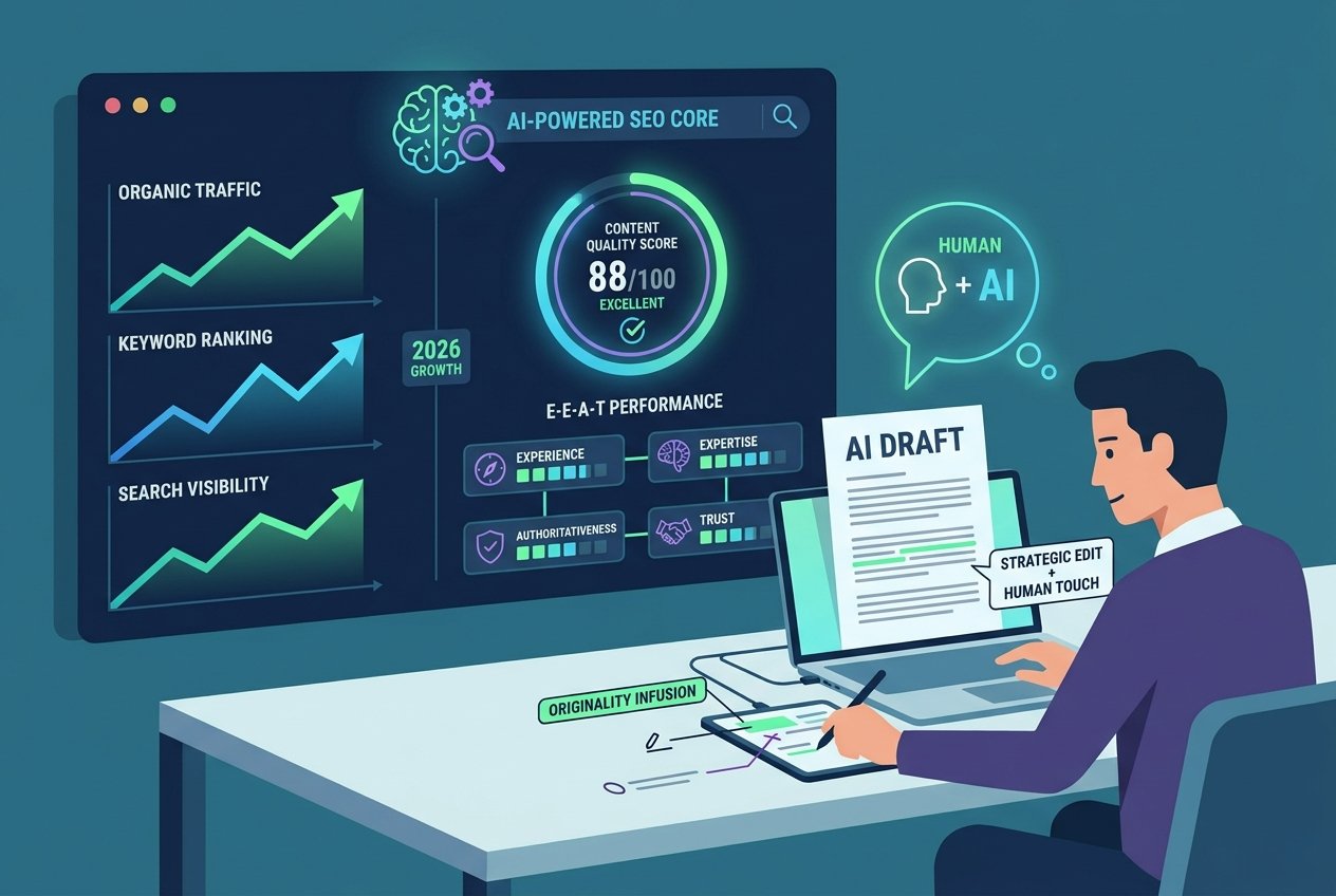 A marketing professional reviewing AI-generated content on a laptop beside a glowing SEO dashboard displaying rising search rankings, content quality scores, and E-E-A-T metrics on a dark digital interface.