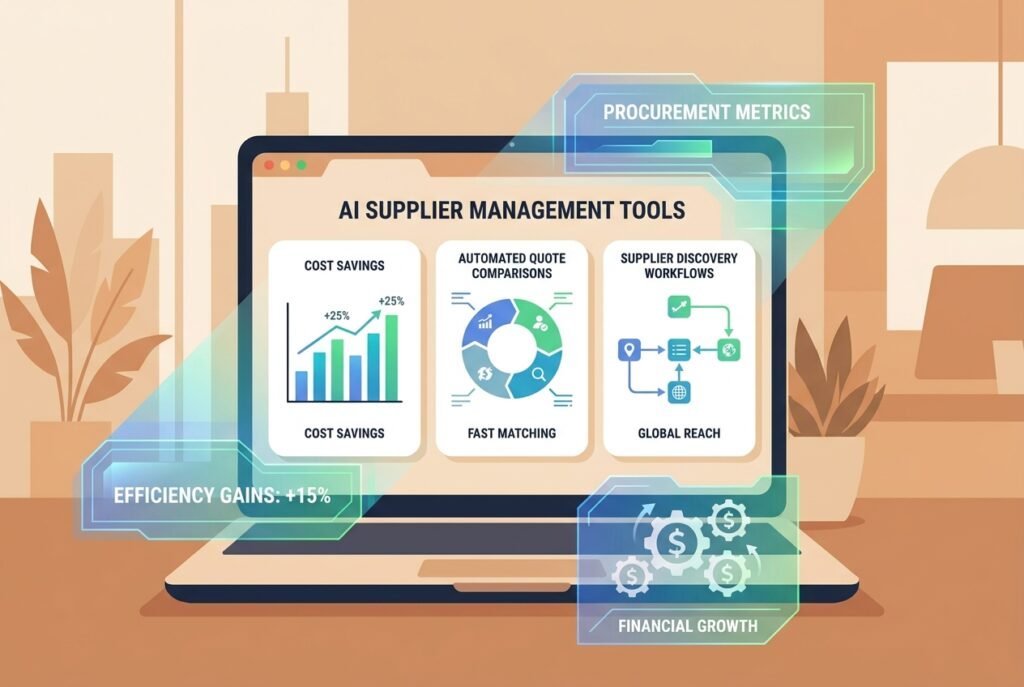 A professional on a laptop viewing an AI procurement dashboard with bar charts showing 30% cost reduction, automated supplier comparison tables, and invoice processing metrics displayed in blue and green data visualisations.