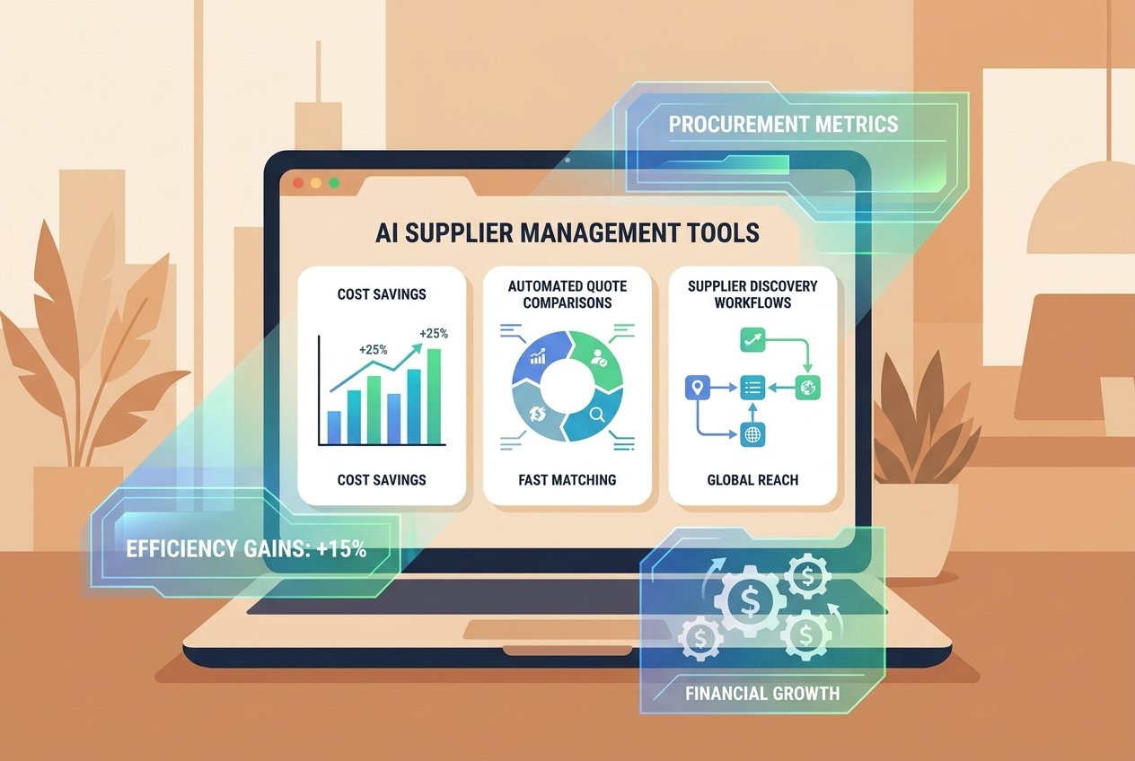 A professional on a laptop viewing an AI procurement dashboard with bar charts showing 30% cost reduction, automated supplier comparison tables, and invoice processing metrics displayed in blue and green data visualisations.