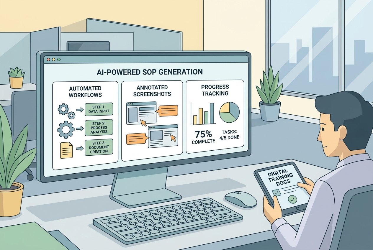 A professional at a desk viewing an AI-powered SOP dashboard on a monitor, displaying automated step-by-step workflow guides with annotated screenshots and a progress tracking panel, with a colleague reviewing a digital training document on a tablet in the background.