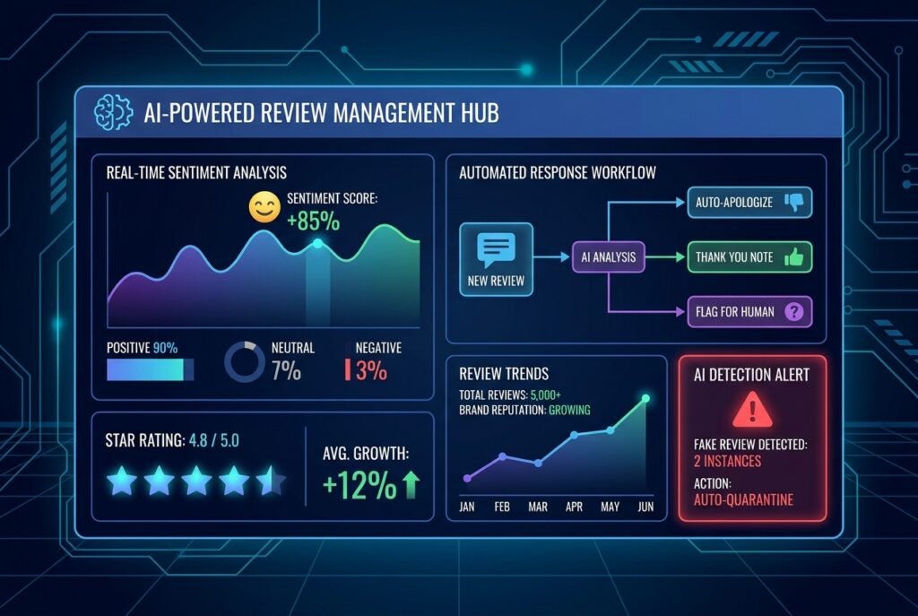 A futuristic AI-powered review management dashboard displaying sentiment analysis graphs, star rating metrics, fake review detection alerts, and automated response workflows on a dark digital interface with glowing blue and green data visualisations.