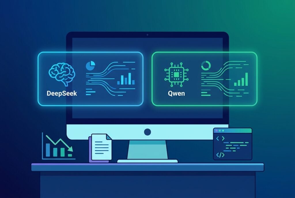 A modern digital workspace displaying two open-source AI model dashboards labelled DeepSeek and Qwen on a widescreen monitor, surrounded by glowing neural network graphics, data streams, cost-saving charts, and coding icons in a blue and green lit environment.