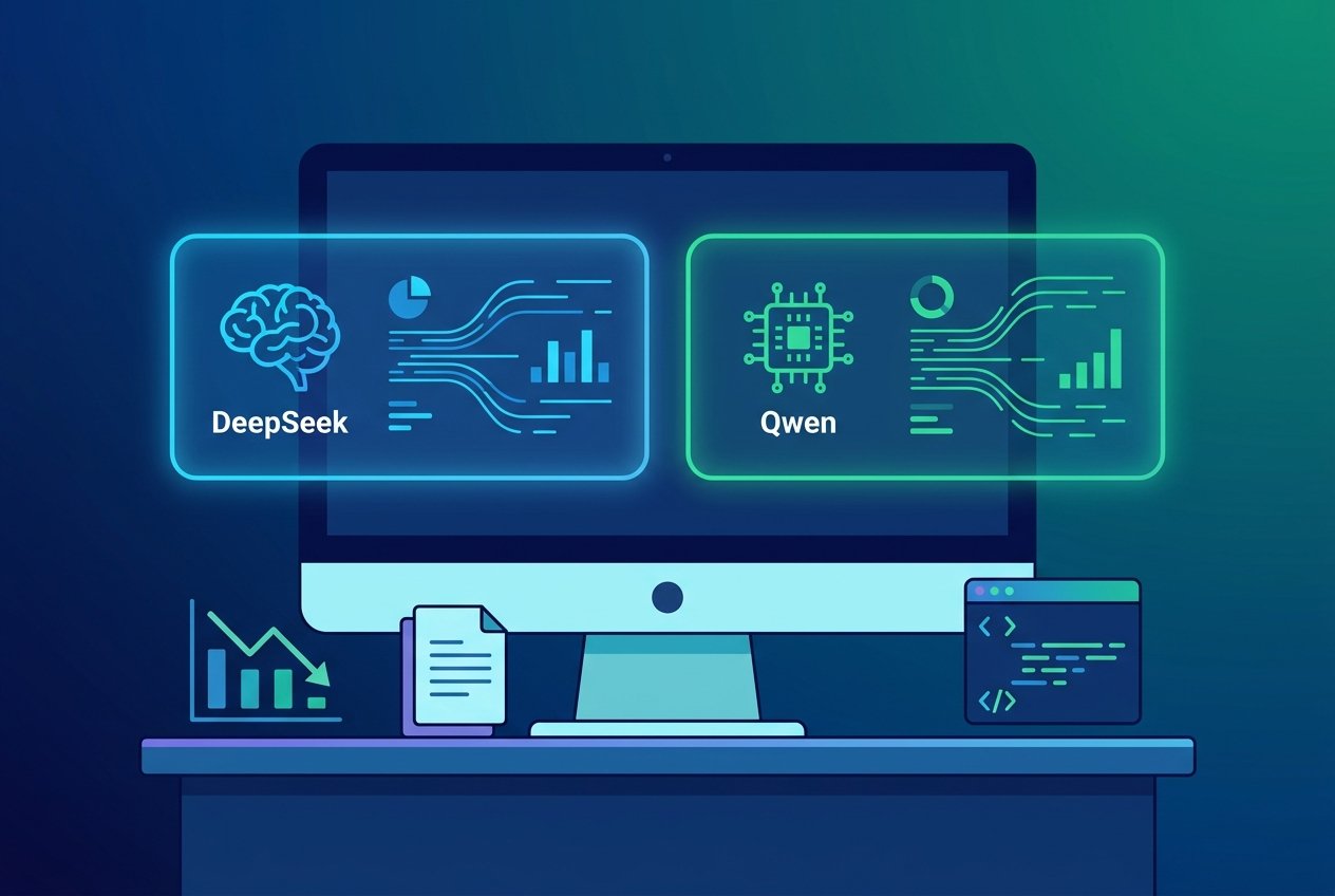 A modern digital workspace displaying two open-source AI model dashboards labelled DeepSeek and Qwen on a widescreen monitor, surrounded by glowing neural network graphics, data streams, cost-saving charts, and coding icons in a blue and green lit environment.