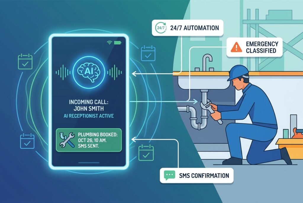 A glowing smartphone screen displaying an AI receptionist interface answering an incoming call for a plumbing business, with booking confirmation icons and a calendar, while a uniformed plumber works in the background.