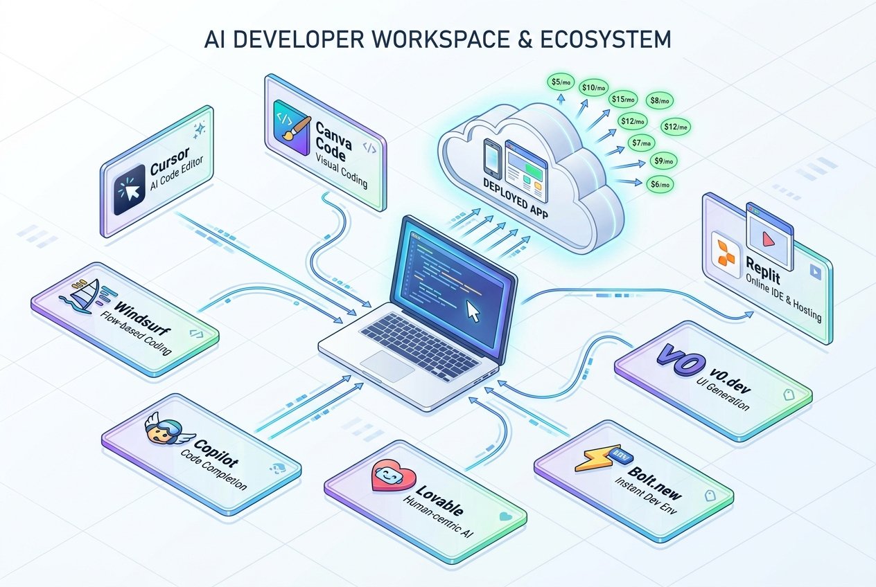 Isometric workspace scene with a laptop at center surrounded by holographic AI tool icons (code editors and app builders) connected by glowing streams to a cloud deployment, each labeled with affordable monthly pricing