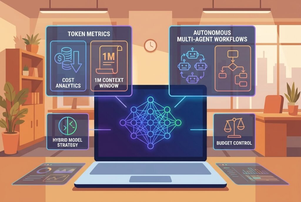 A laptop on a modern office desk displays a glowing blue AI neural network dashboard, surrounded by floating holographic charts showing token usage metrics and autonomous agent workflow diagrams.