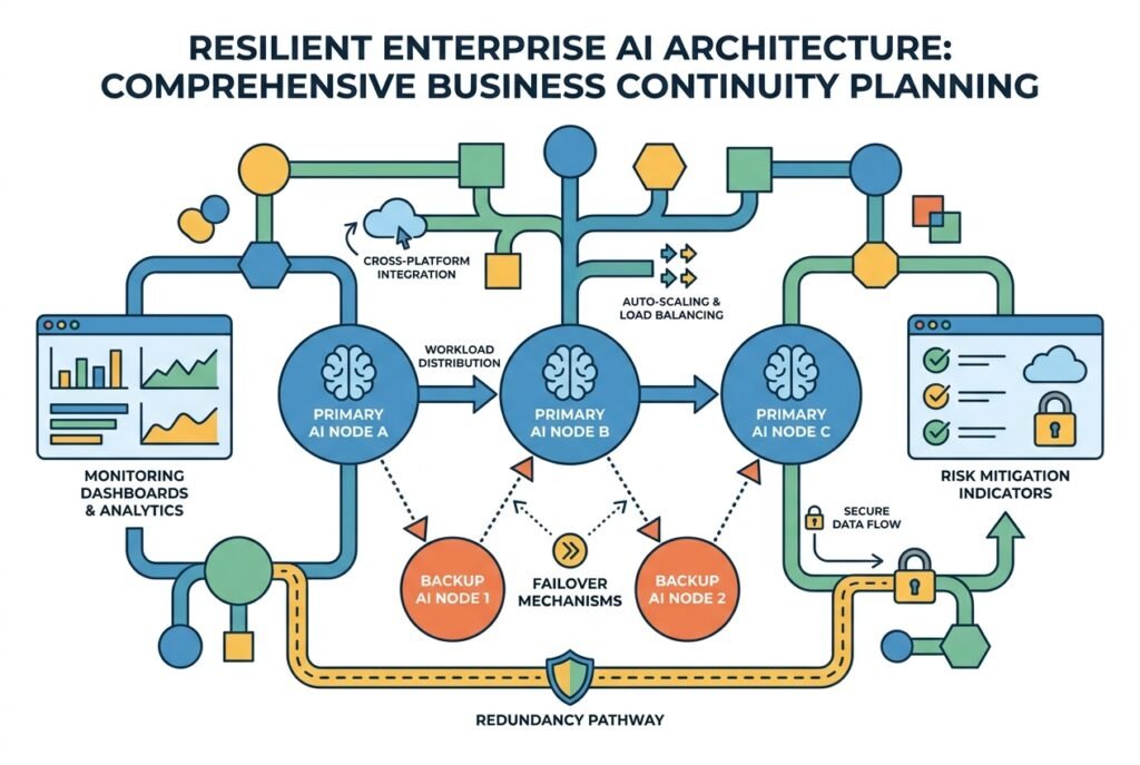 Diagram of interconnected AI model nodes with green checkmarks showing operational status, connected by secure pathways with backup routes, representing a diversified and resilient multi-model AI infrastructure.