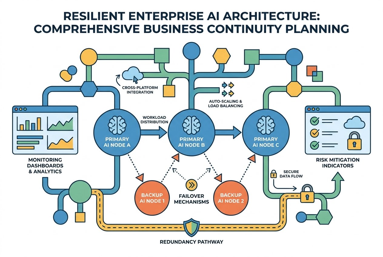 Diagram of interconnected AI model nodes with green checkmarks showing operational status, connected by secure pathways with backup routes, representing a diversified and resilient multi-model AI infrastructure.