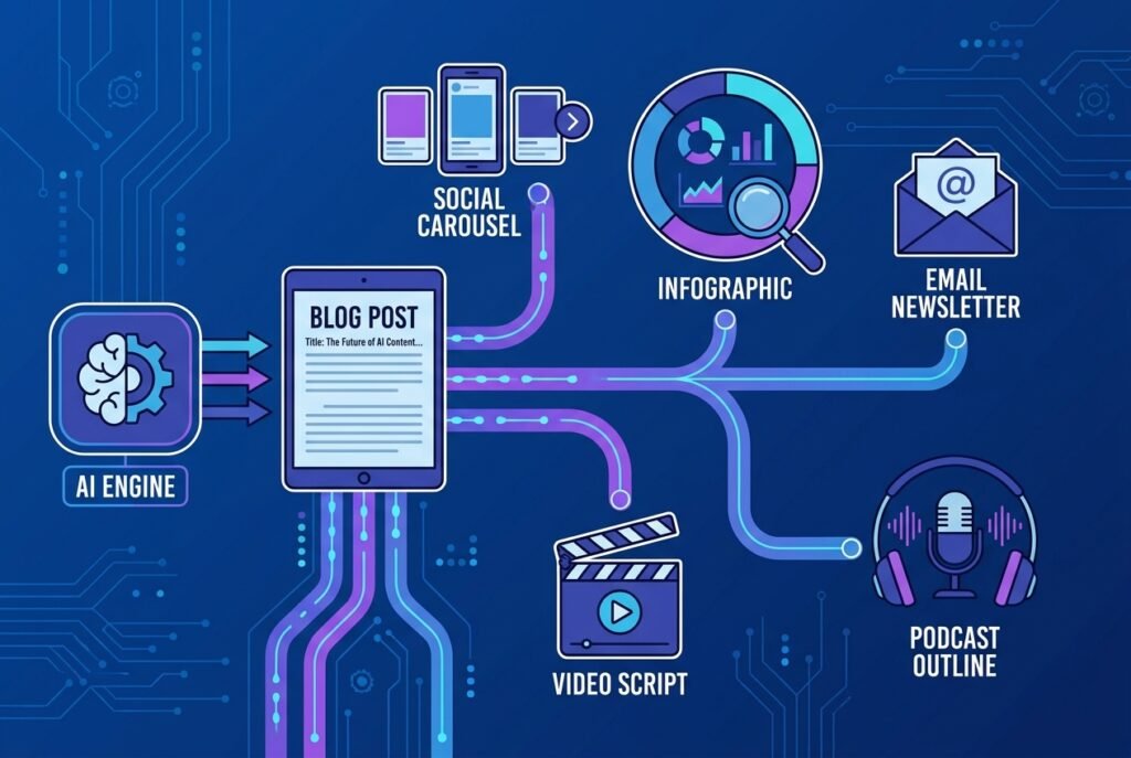 A digital illustration of an AI-powered content repurposing workflow, showing a central blog post document branching out into ten content formats including social media carousels, email newsletters, video scripts, and infographics, connected by glowing blue and purple data streams on a dark background.