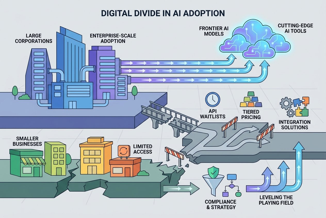 Digital illustration showing contrasting AI access pathways for enterprises versus smaller businesses, featuring tiered icons, API elements, and compliance checkmarks representing strategic adoption routes.