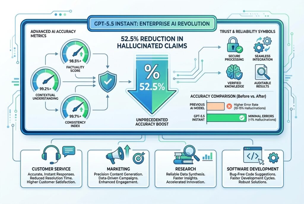 A modern digital dashboard displaying GPT-5.5 Instant performance metrics with accuracy indicators, showing 52.5% reduction in AI hallucinations, alongside professional business icons representing customer service, marketing, research, and development applications.