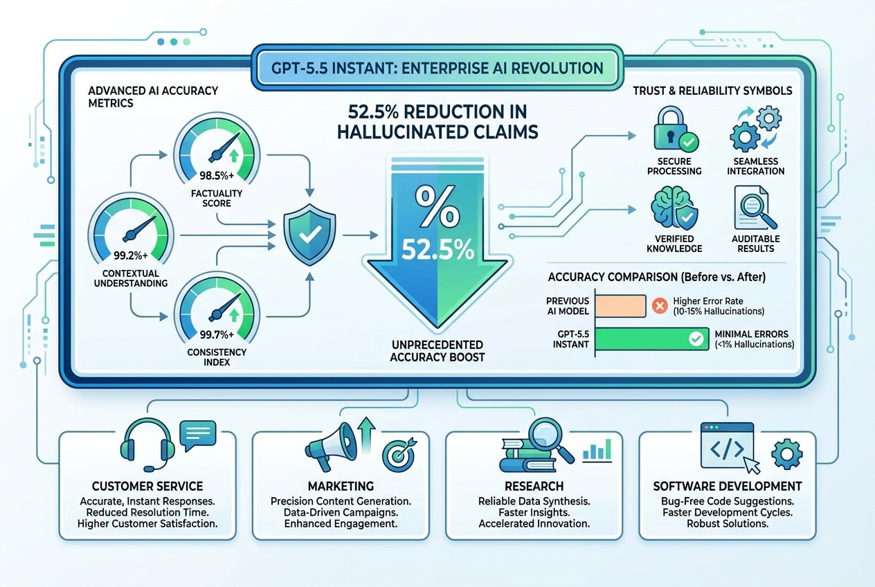 A modern digital dashboard displaying GPT-5.5 Instant performance metrics with accuracy indicators, showing 52.5% reduction in AI hallucinations, alongside professional business icons representing customer service, marketing, research, and development applications.