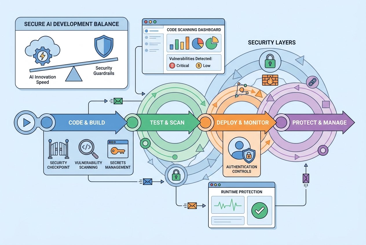 Digital illustration of a secure AI development framework with padlock icons, code blocks, CI/CD pipeline stages, and security scanning tools arranged in protective layers, representing ten disciplined practices for securing AI development.