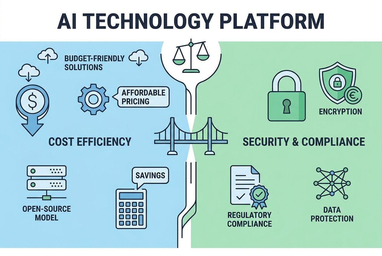 Split-screen illustration showing cost-effective AI model technology on the left with dollar signs and efficiency metrics, and security compliance elements on the right with lock icons, shield symbols, and regulatory compliance badges.