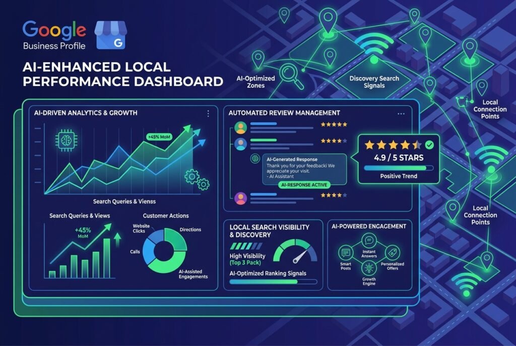 A futuristic digital dashboard showing a Google Business Profile interface with AI-generated analytics charts, automated review response panels, glowing location pins on a city map overlay, and local search visibility metrics displayed in blue, purple, and green tones.