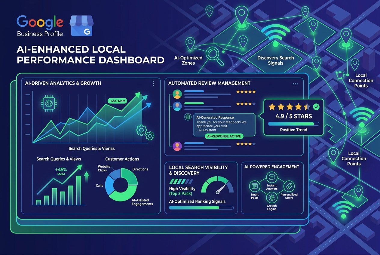 A futuristic digital dashboard showing a Google Business Profile interface with AI-generated analytics charts, automated review response panels, glowing location pins on a city map overlay, and local search visibility metrics displayed in blue, purple, and green tones.