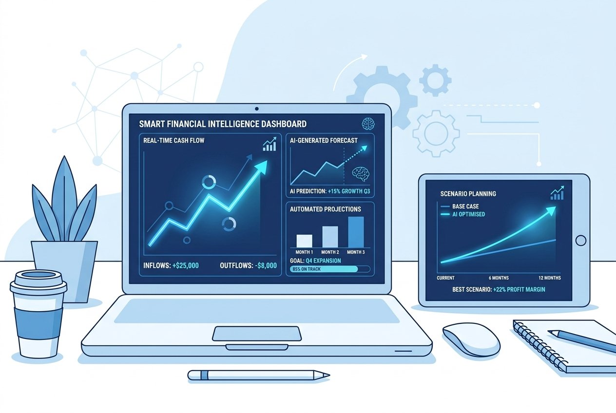 A laptop and tablet displaying an AI-powered cash flow forecasting dashboard with real-time graphs, upward-trending financial projections, and automated scenario planning charts in a blue and white interface on a modern office desk.