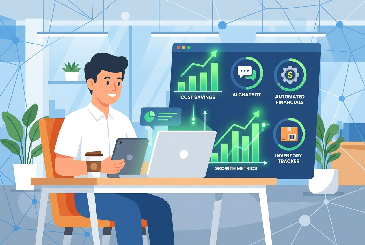 A small business owner reviewing an AI-powered cost management dashboard on a laptop, displaying green upward-trending savings charts, chatbot icons, and automated financial metrics in a modern office setting.