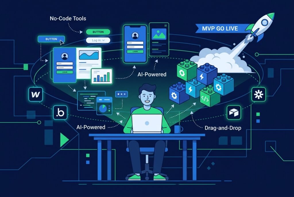 A non-technical founder building a mobile app on a laptop using AI no-code tools, with floating UI components, drag-and-drop app blocks, and a launching rocket symbolizing a fast MVP launch against a navy and electric blue digital background.