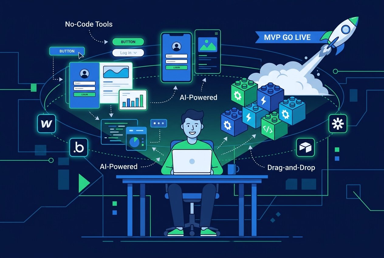 A non-technical founder building a mobile app on a laptop using AI no-code tools, with floating UI components, drag-and-drop app blocks, and a launching rocket symbolizing a fast MVP launch against a navy and electric blue digital background.