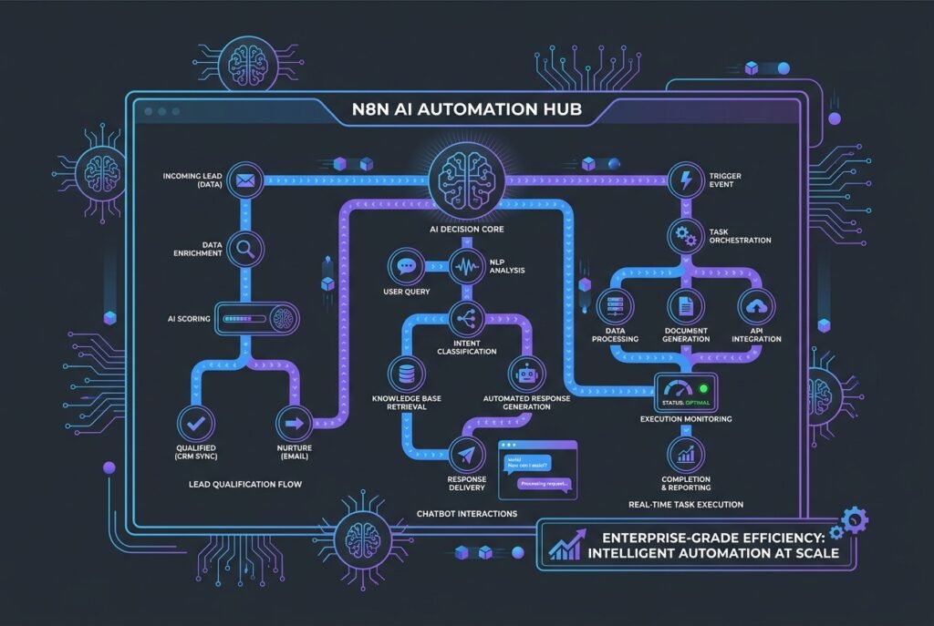 A dark-themed N8N automation dashboard displaying interconnected AI agent workflow nodes in blue and purple, with data pipelines, chatbot panels, and real-time task execution metrics visualized across a digital interface.