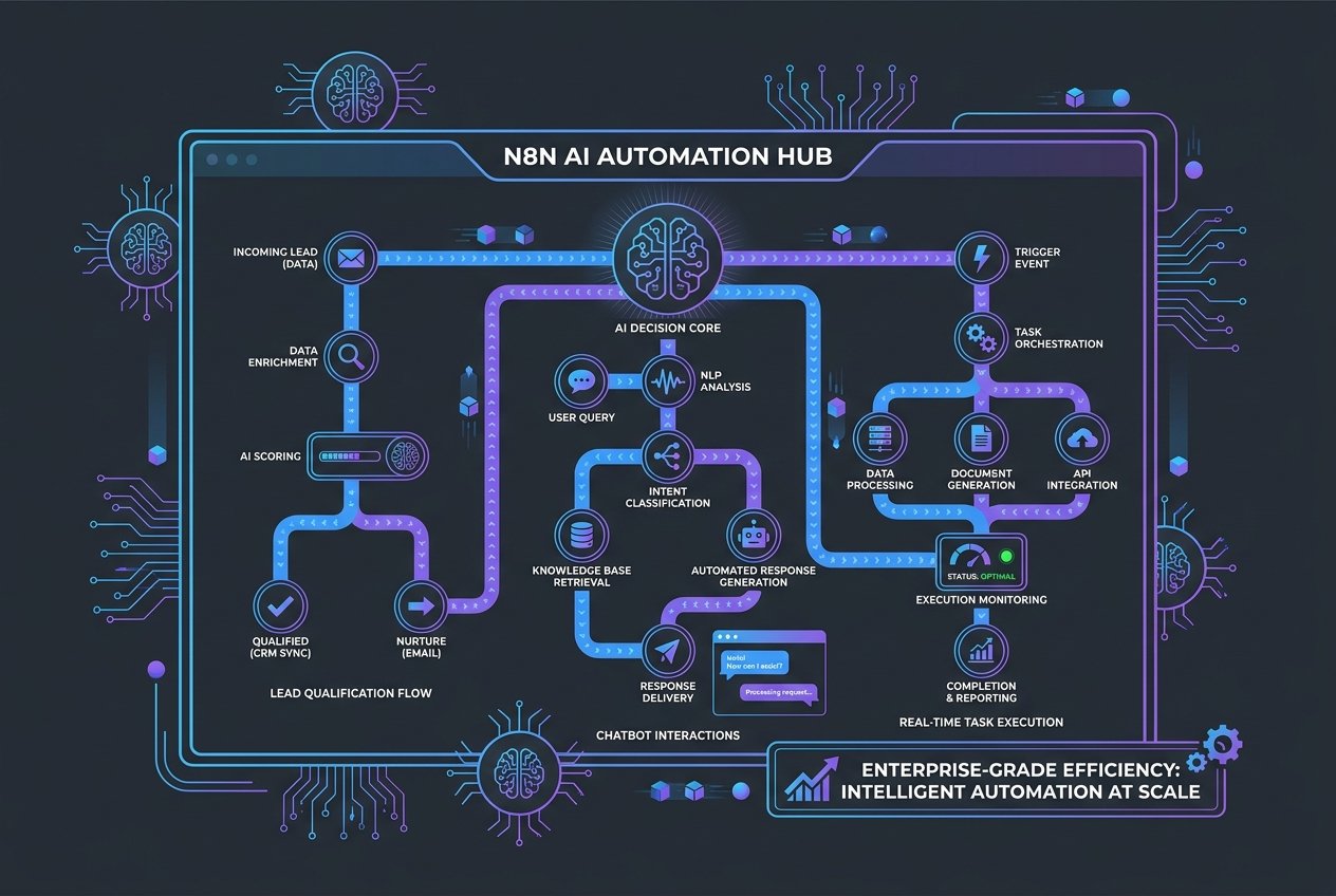 A dark-themed N8N automation dashboard displaying interconnected AI agent workflow nodes in blue and purple, with data pipelines, chatbot panels, and real-time task execution metrics visualized across a digital interface.
