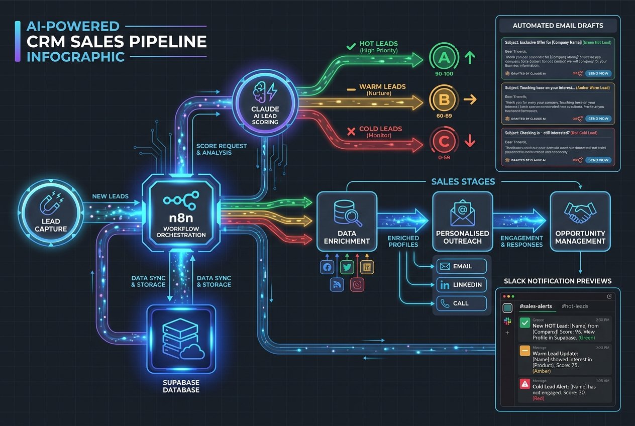 A dark-themed AI CRM pipeline dashboard showing interconnected automation nodes for lead capture, AI enrichment, and lead scoring, with colour-coded hot prospect indicators in red, amber, and green alongside automated email and Slack notification panels.