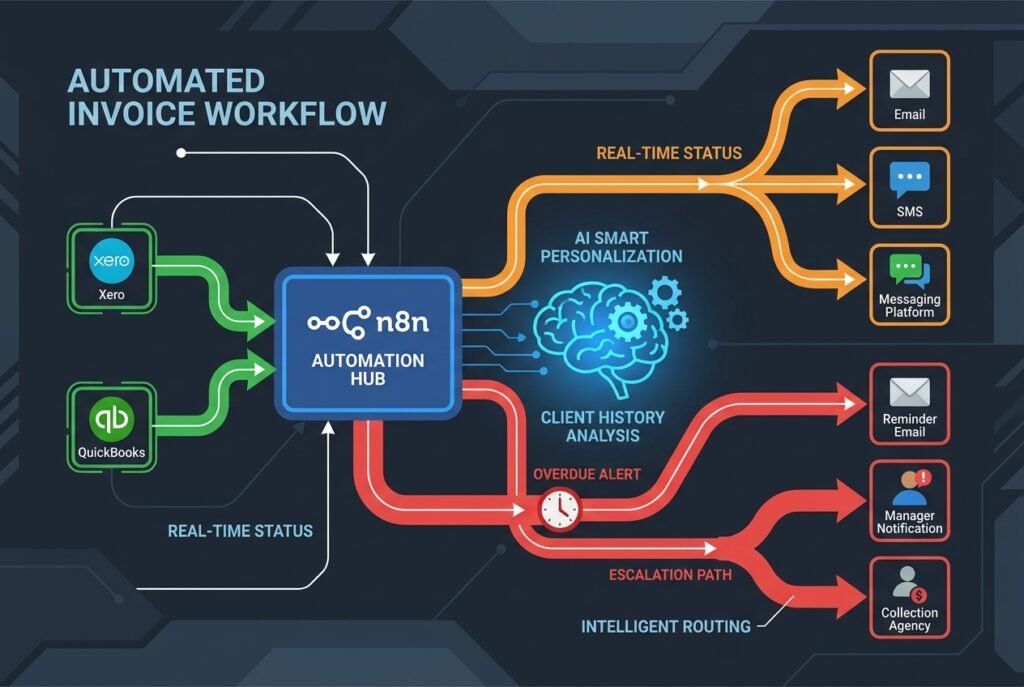 A dark-themed n8n workflow automation dashboard showing connected nodes linking accounting software icons to email, SMS, and messaging channels, with colour-coded overdue invoice alerts and escalation paths flowing between them.