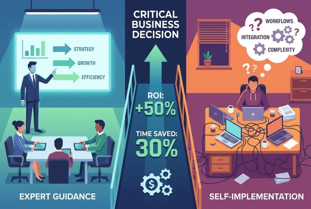 A split-screen illustration contrasting a suited consultant presenting an AI strategy dashboard in a modern boardroom on the left, with a solo entrepreneur surrounded by tangled workflow charts and a laptop on the right, connected by glowing data metrics and percentage figures in the center.
