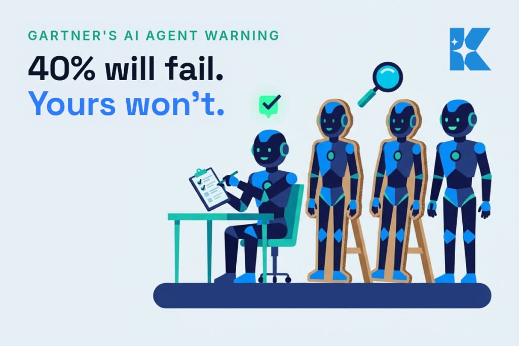 Flat vector illustration of a robot ticking a checklist beside cardboard cutout robots, headline 40% will fail, yours won't