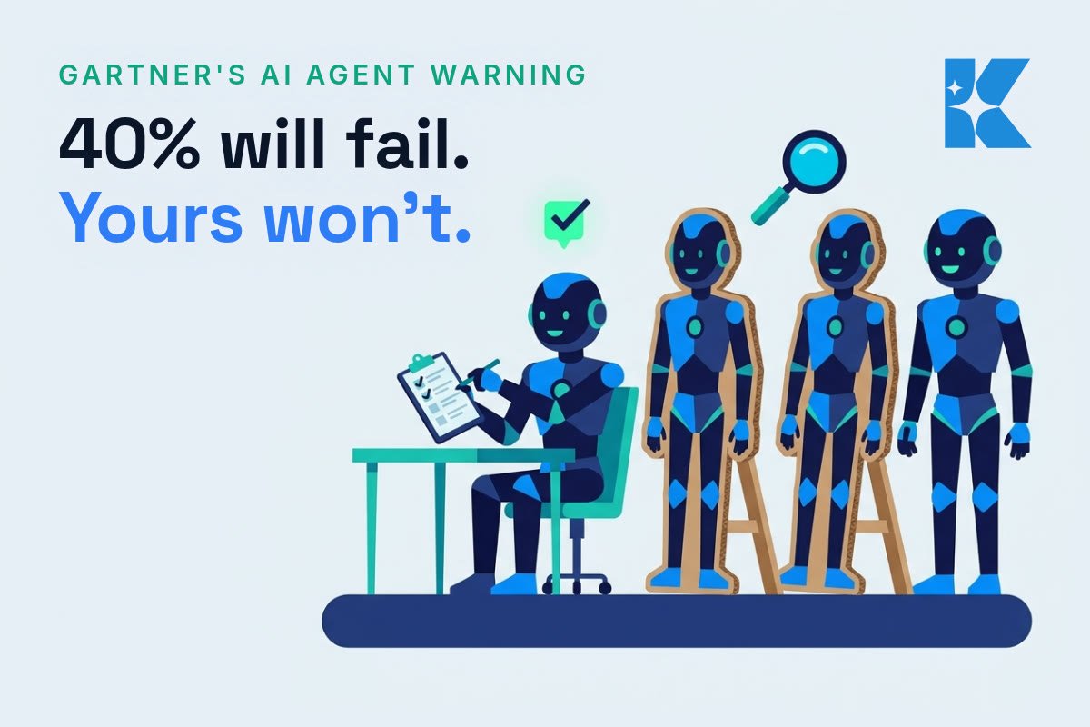 Flat vector illustration of a robot ticking a checklist beside cardboard cutout robots, headline 40% will fail, yours won't