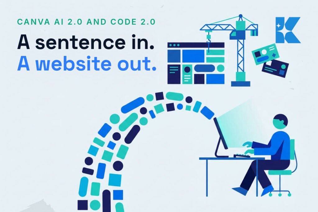 Flat vector illustration of a business owner typing one line while geometric shapes assemble into a website